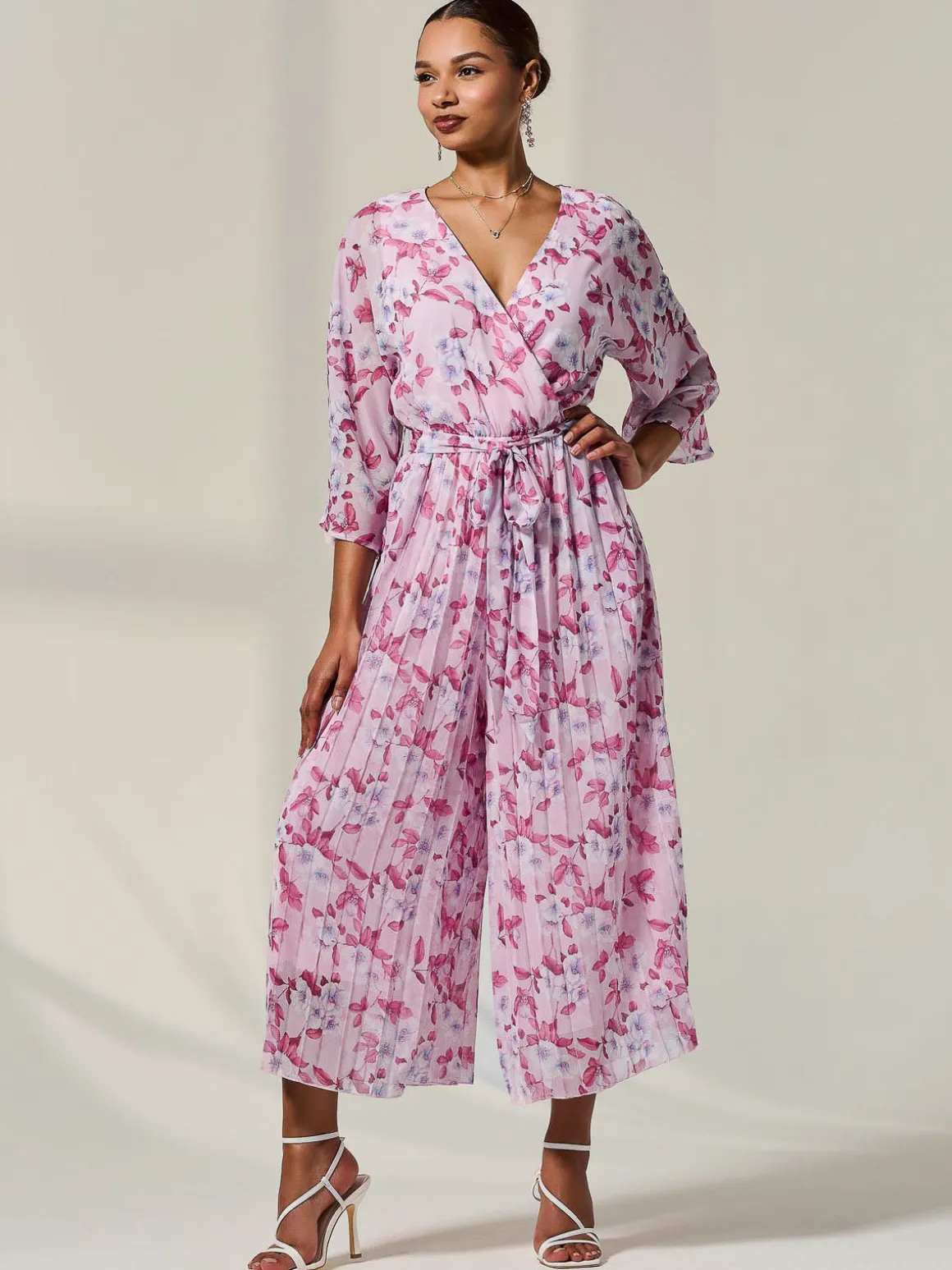 Flared Printed Chiffon Jumpsuit, Pink Floral