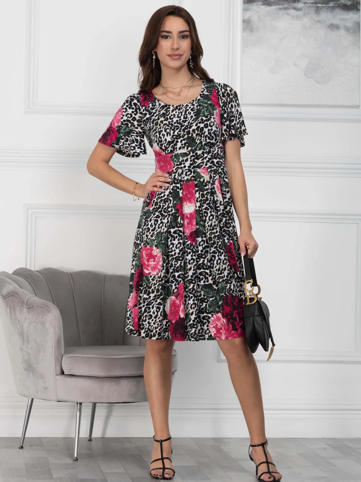 Flare Sleeve Jersey Dress, Pink Animal