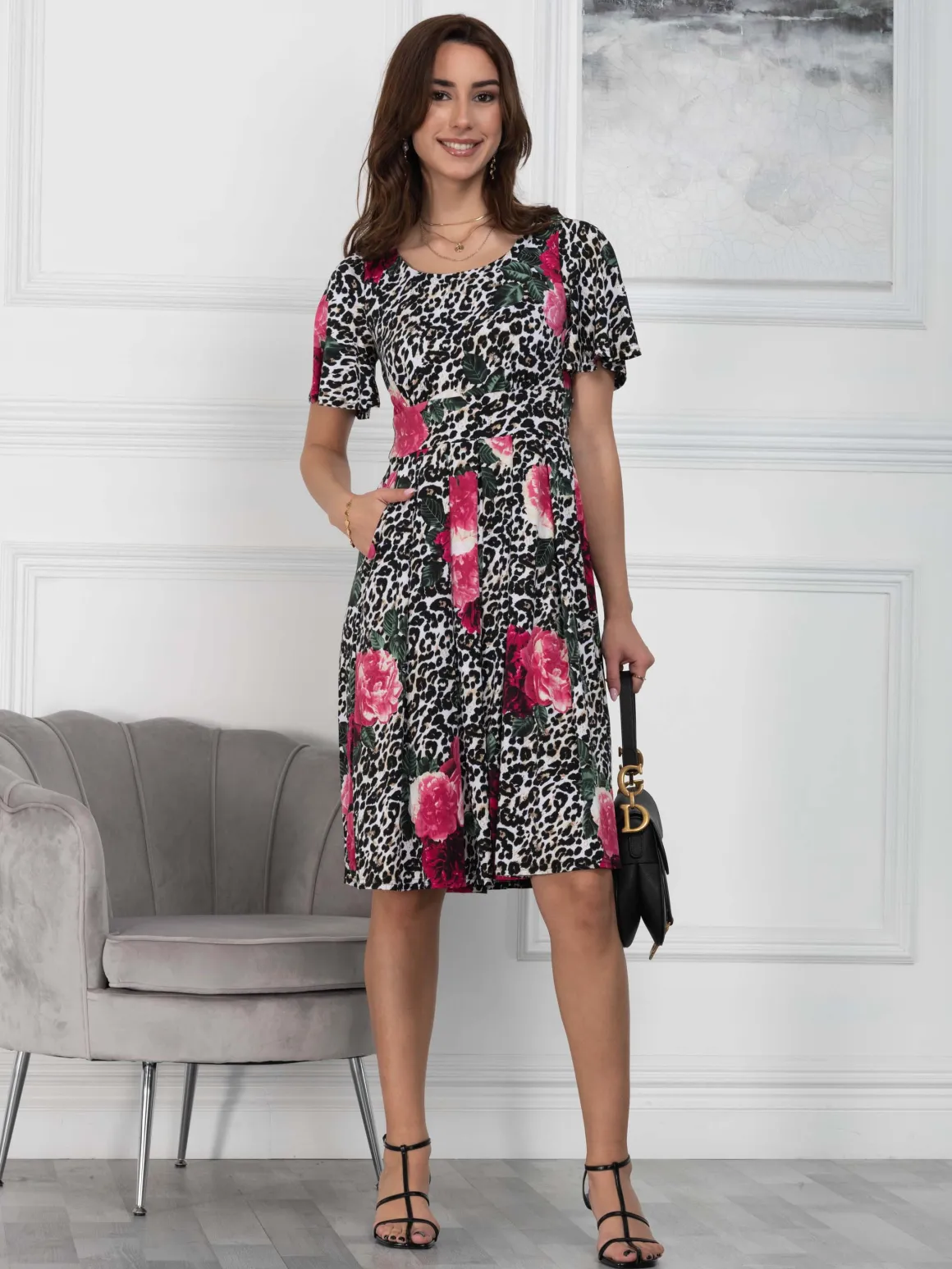 Flare Sleeve Jersey Dress, Pink Animal