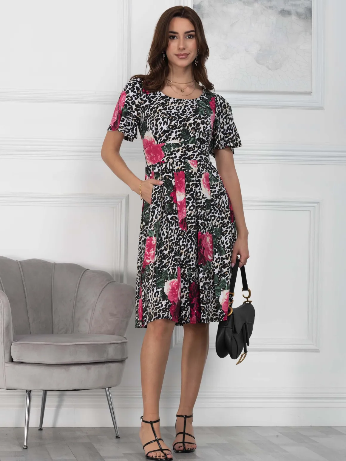 Flare Sleeve Jersey Dress, Pink Animal