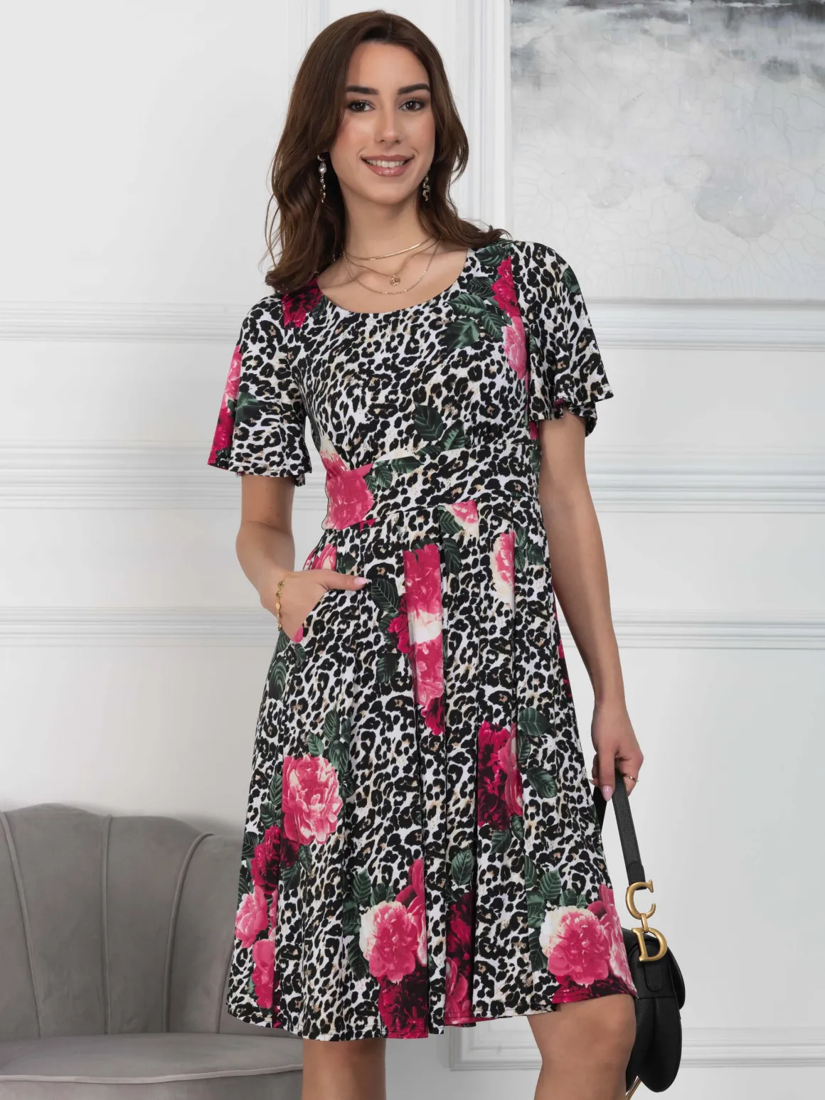 Flare Sleeve Jersey Dress, Pink Animal