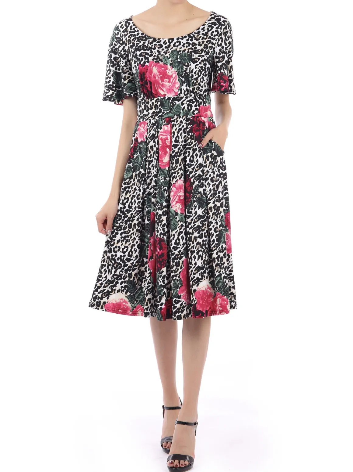 Flare Sleeve Jersey Dress, Pink Animal