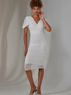 Flare Sleeve Ruched Sequin Dress, White