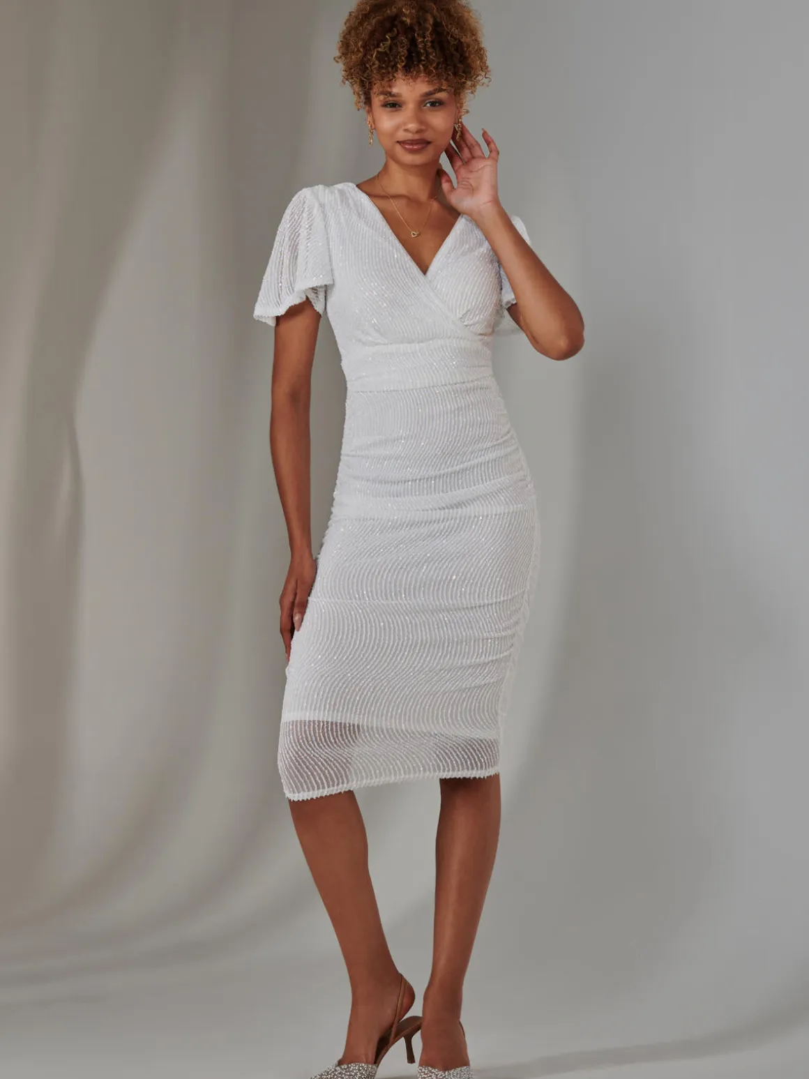 Flare Sleeve Ruched Sequin Dress, White