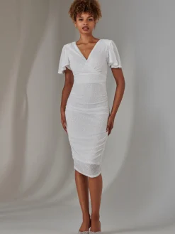 Flare Sleeve Ruched Sequin Dress, White