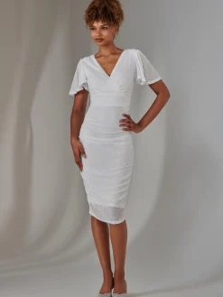 Flare Sleeve Ruched Sequin Dress, White