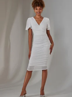Flare Sleeve Ruched Sequin Dress, White