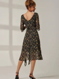 Floral Chiffon Frill Hem Midi dress, Black Multi
