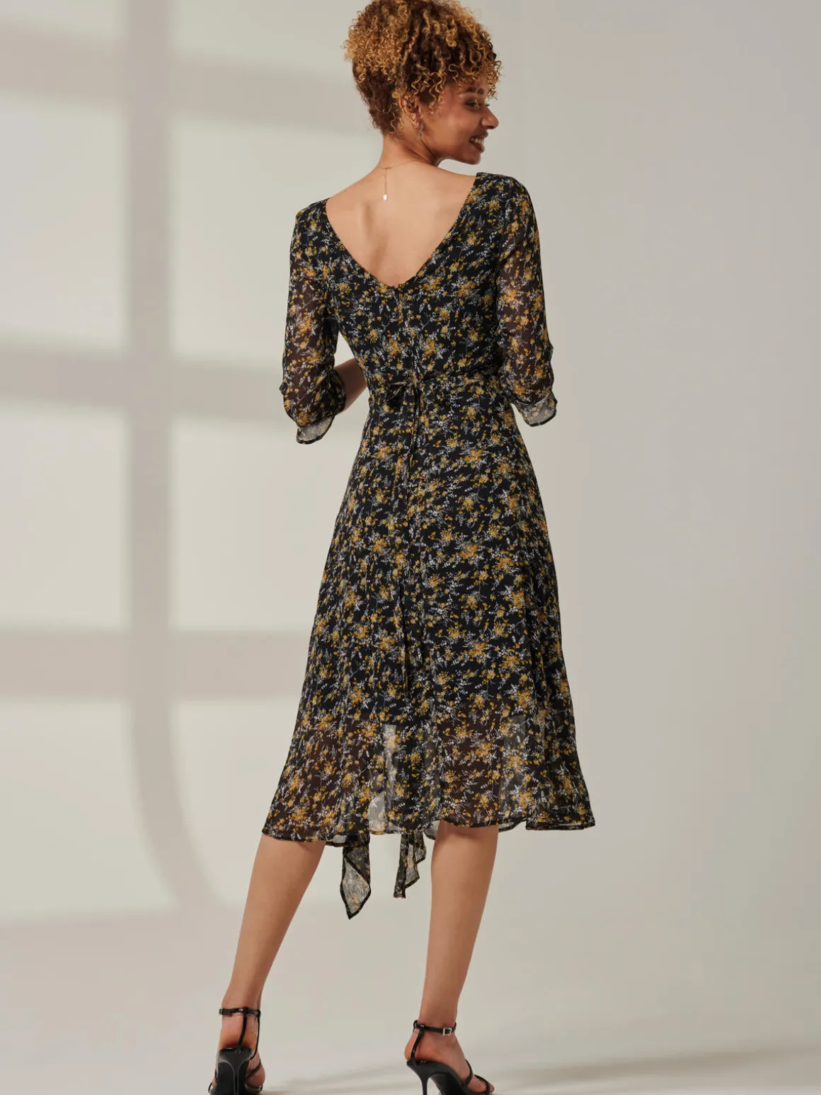 Floral Chiffon Frill Hem Midi dress, Black Multi