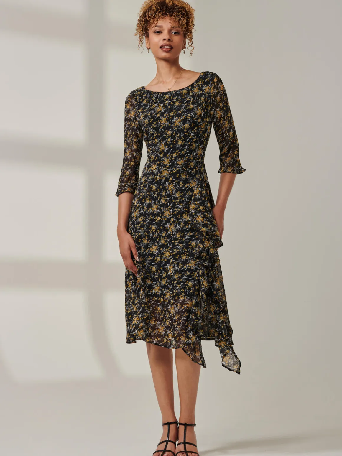 Floral Chiffon Frill Hem Midi dress, Black Multi