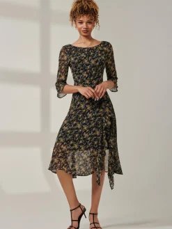 Floral Chiffon Frill Hem Midi dress, Black Multi