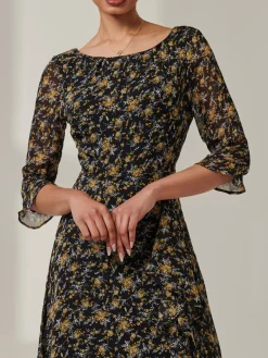 Floral Chiffon Frill Hem Midi dress, Black Multi