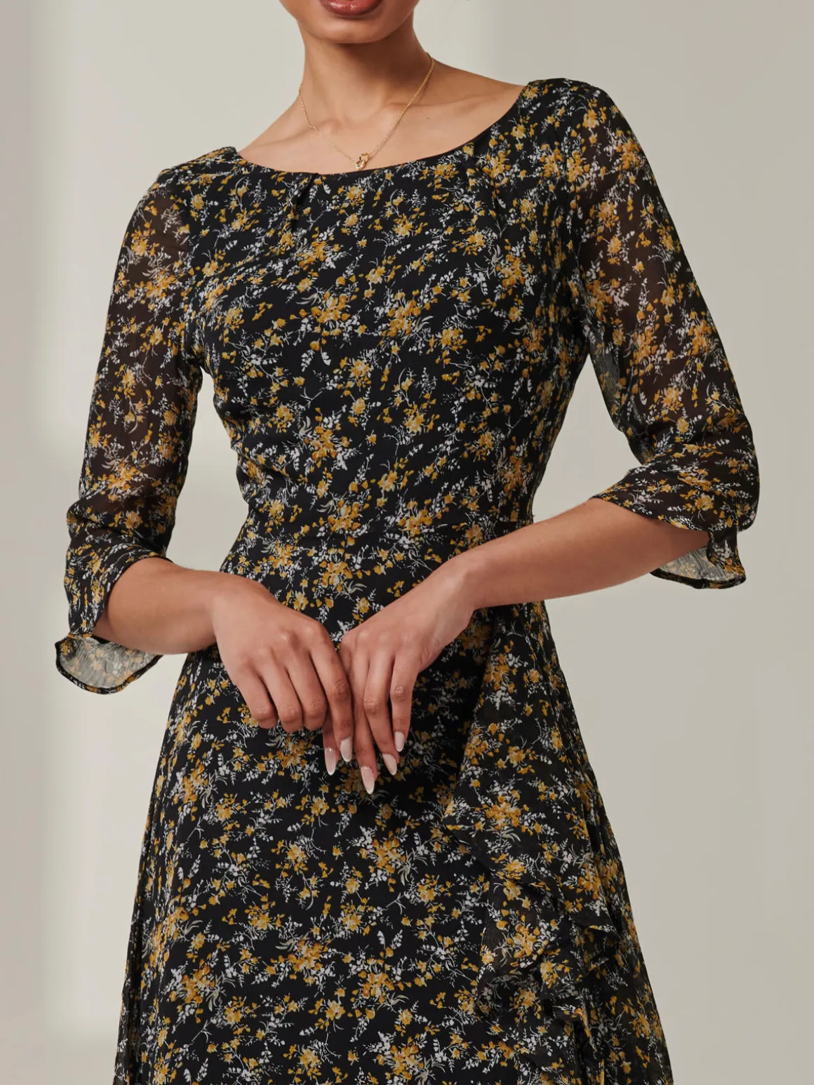 Floral Chiffon Frill Hem Midi dress, Black Multi