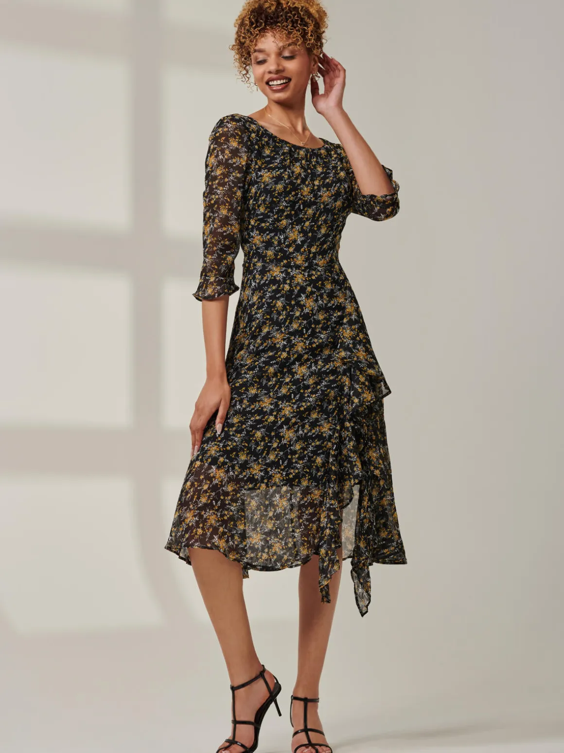 Floral Chiffon Frill Hem Midi dress, Black Multi