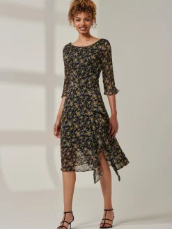 Floral Chiffon Frill Hem Midi dress, Black Multi