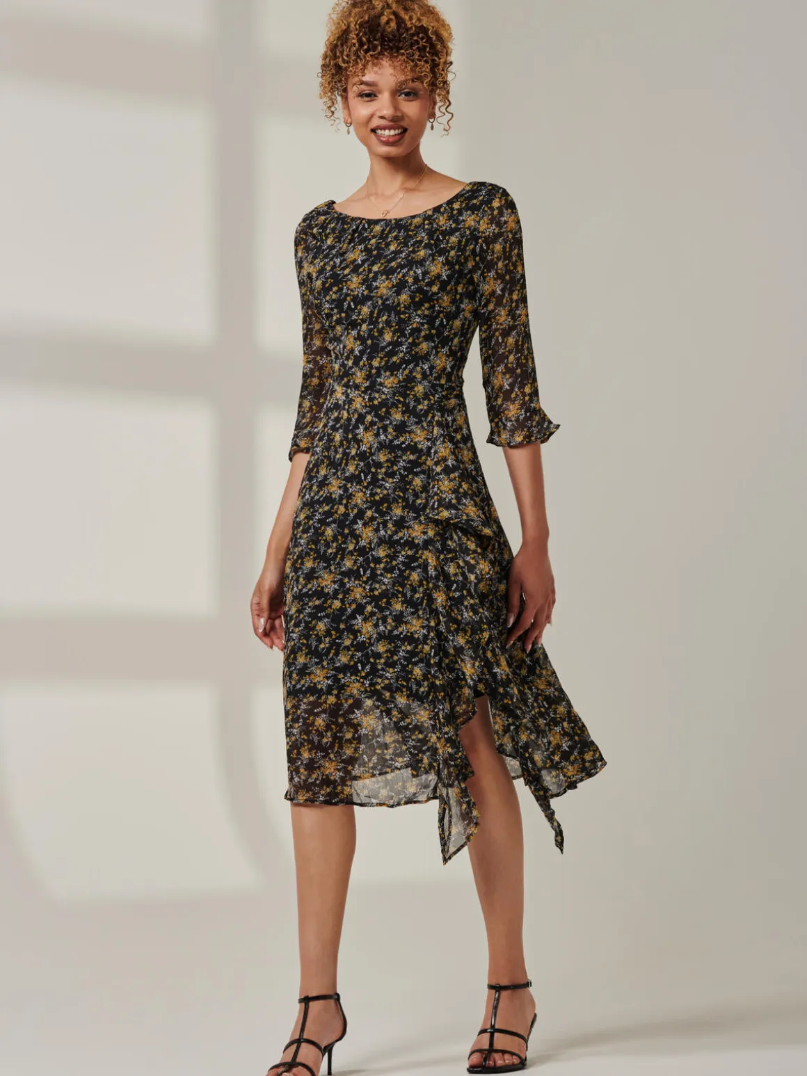 Floral Chiffon Frill Hem Midi dress, Black Multi
