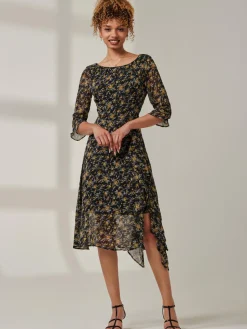 Floral Chiffon Frill Hem Midi dress, Black Multi