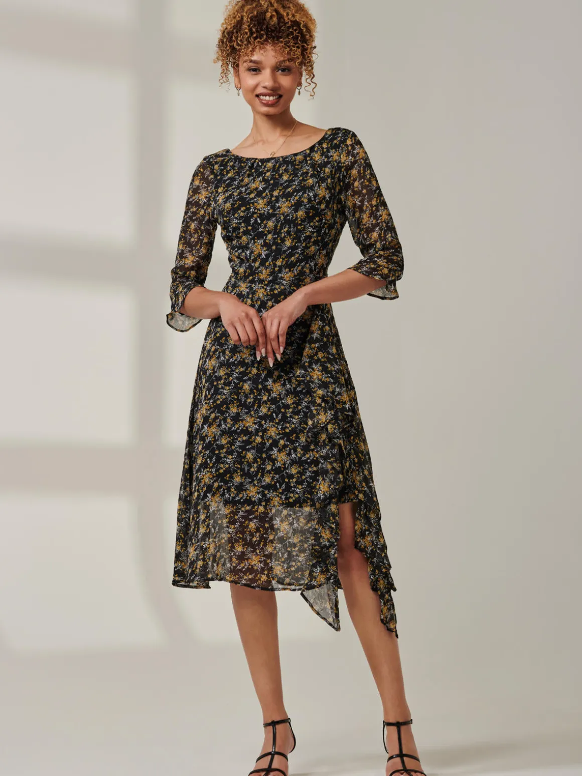 Floral Chiffon Frill Hem Midi dress, Black Multi