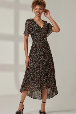 Floral Chiffon V Neck Midaxi Dress, Black Ditsy