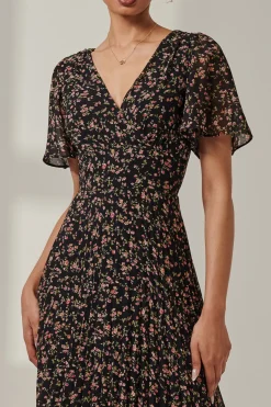 Floral Chiffon V Neck Midaxi Dress, Black Ditsy