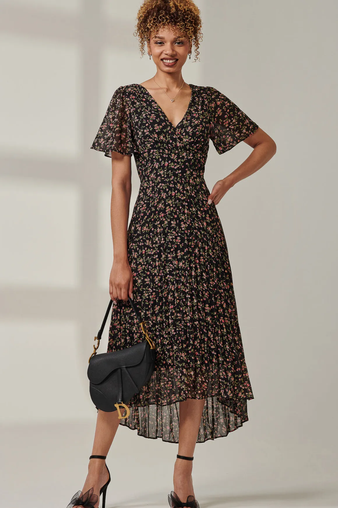 Floral Chiffon V Neck Midaxi Dress, Black Ditsy