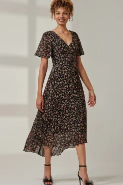 Floral Chiffon V Neck Midaxi Dress, Black Ditsy