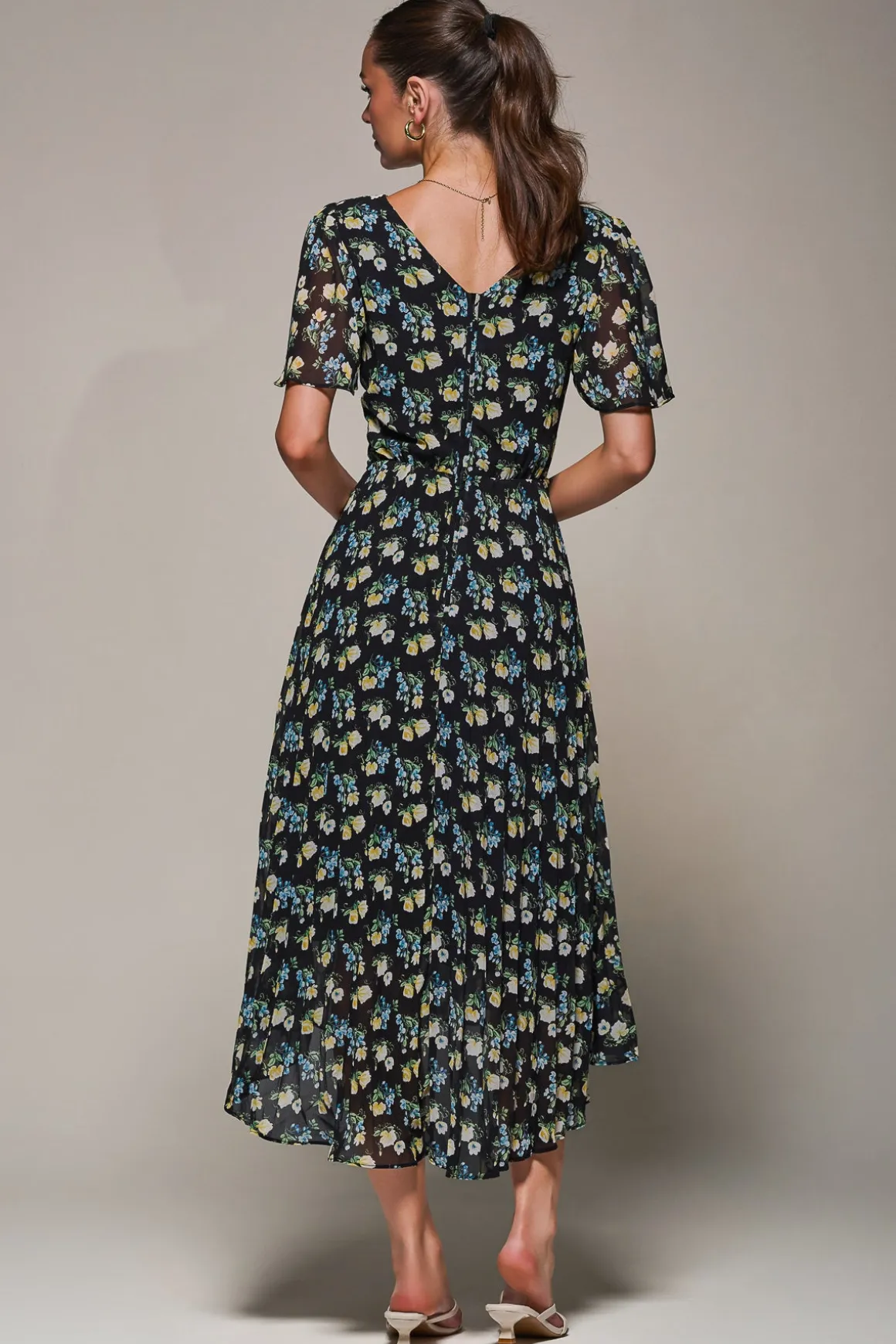 Floral Chiffon V Neck Midaxi Dress Black Floral