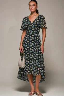 Floral Chiffon V Neck Midaxi Dress Black Floral