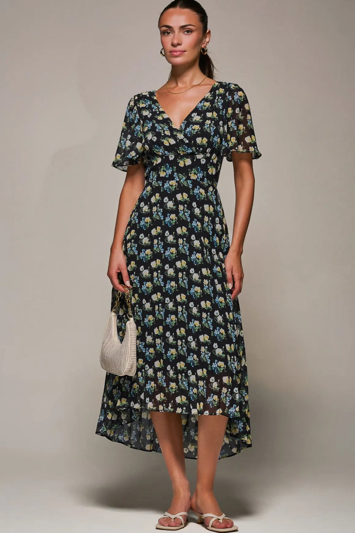 Floral Chiffon V Neck Midaxi Dress Black Floral