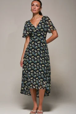 Floral Chiffon V Neck Midaxi Dress Black Floral