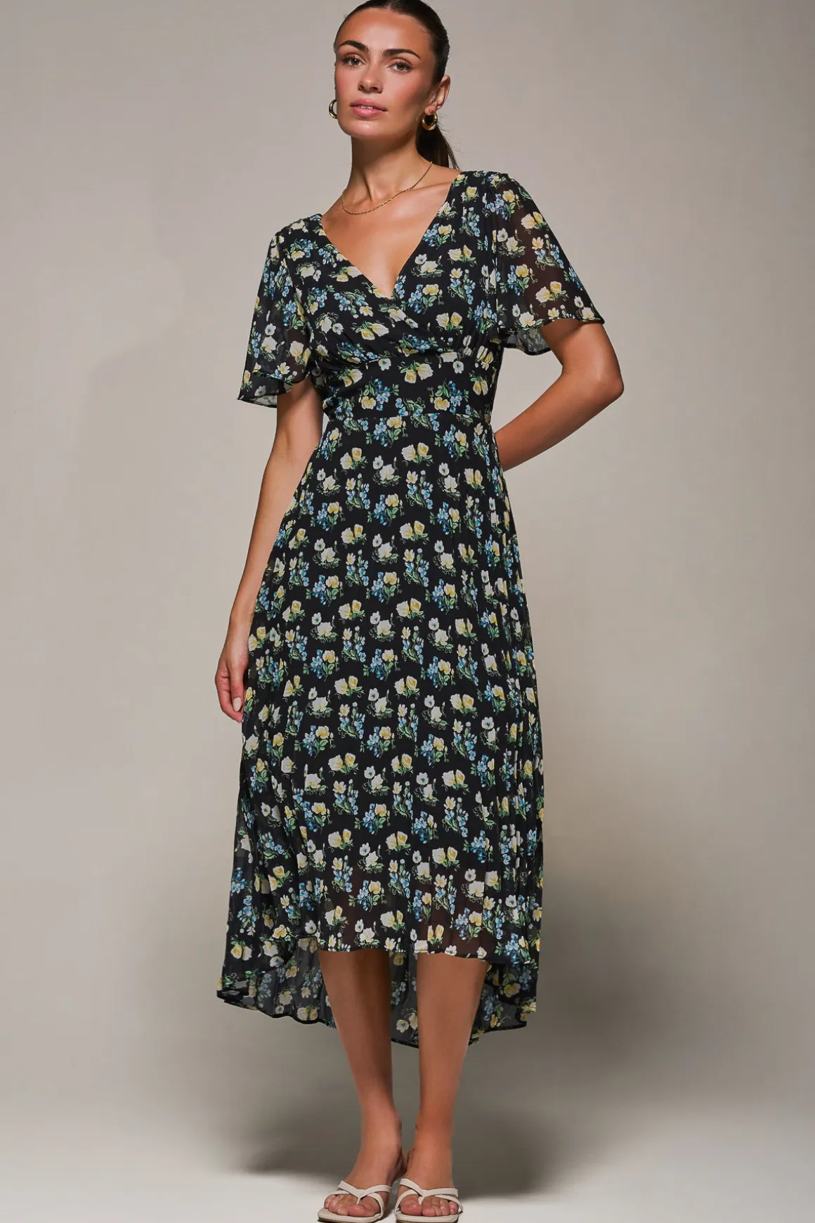 Floral Chiffon V Neck Midaxi Dress Black Floral