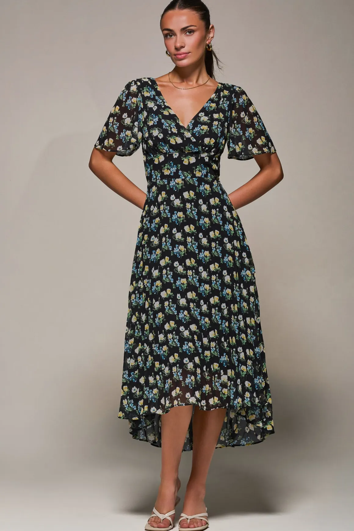 Floral Chiffon V Neck Midaxi Dress Black Floral