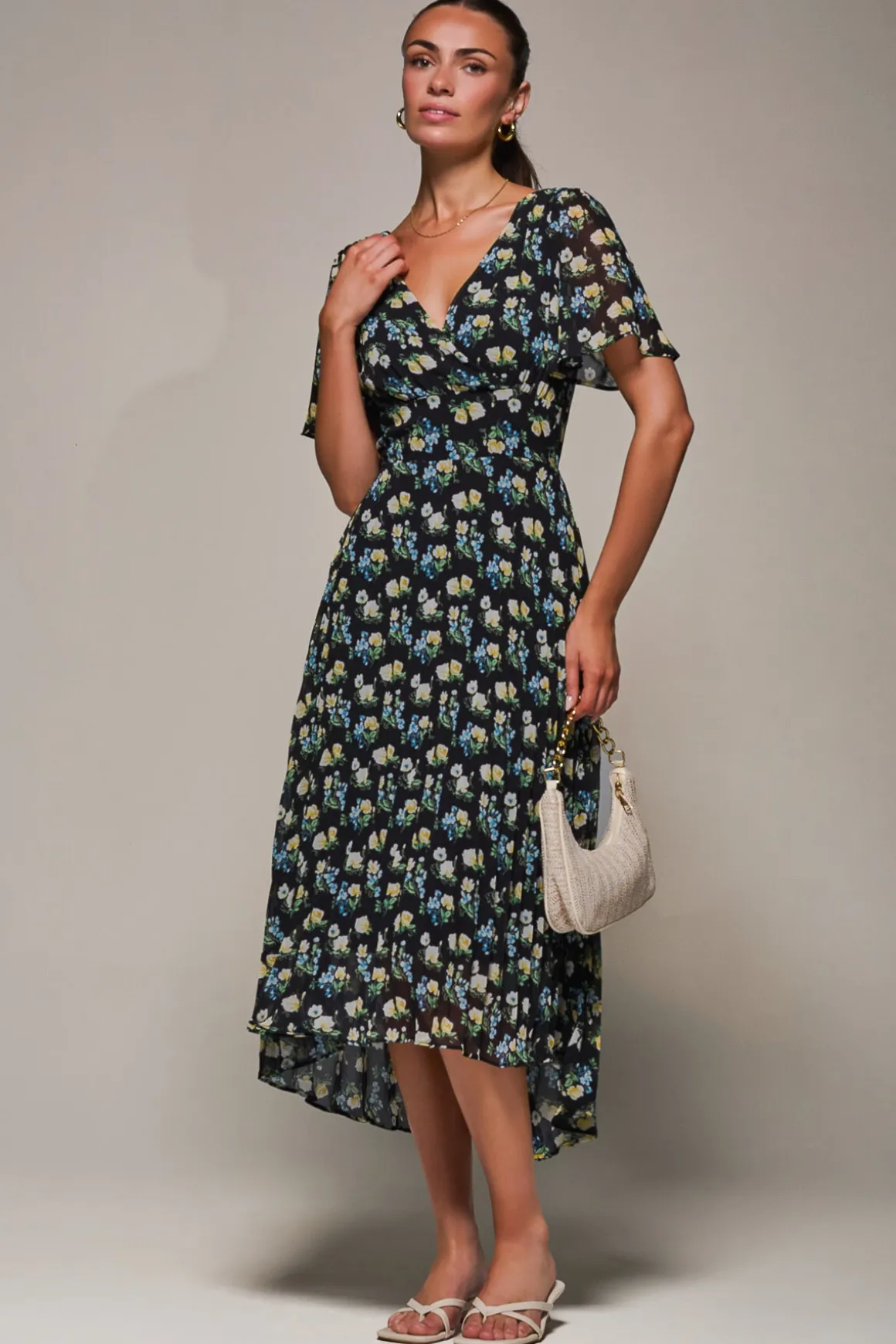Floral Chiffon V Neck Midaxi Dress Black Floral