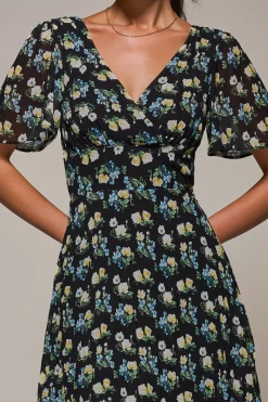 Floral Chiffon V Neck Midaxi Dress Black Floral