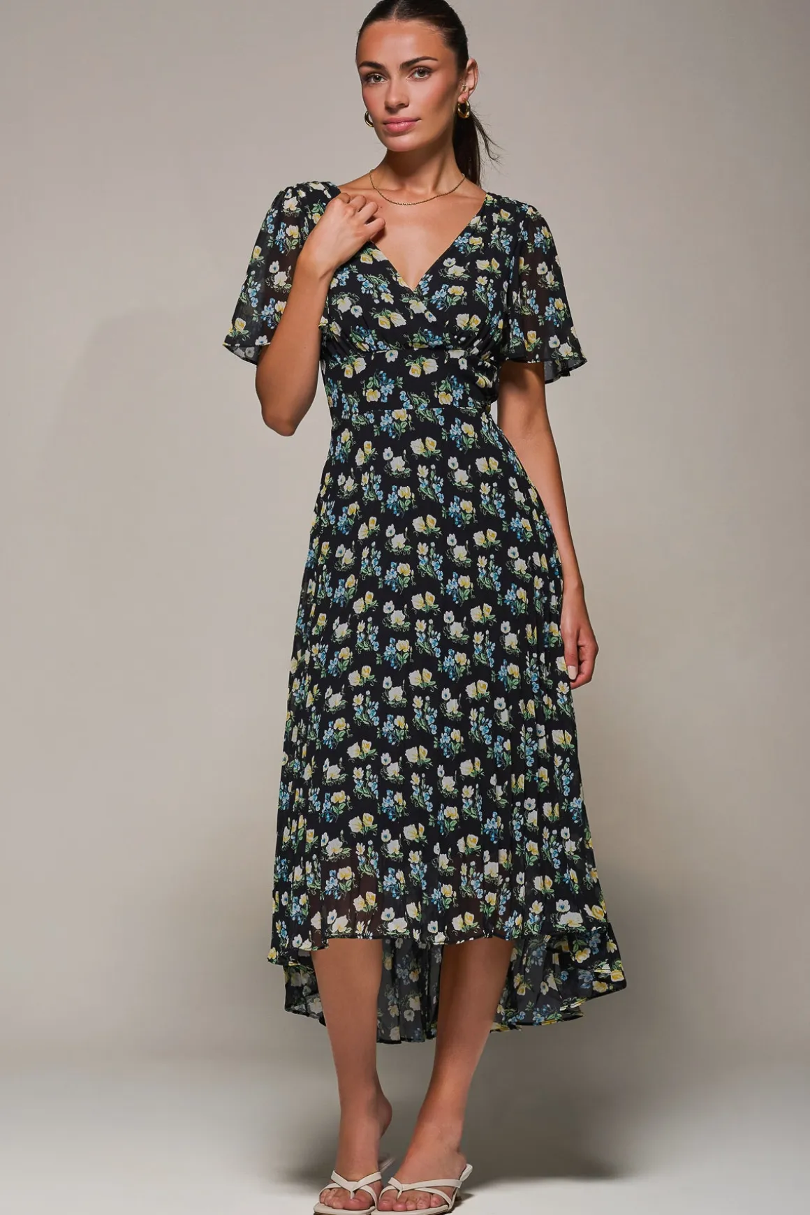 Floral Chiffon V Neck Midaxi Dress Black Floral