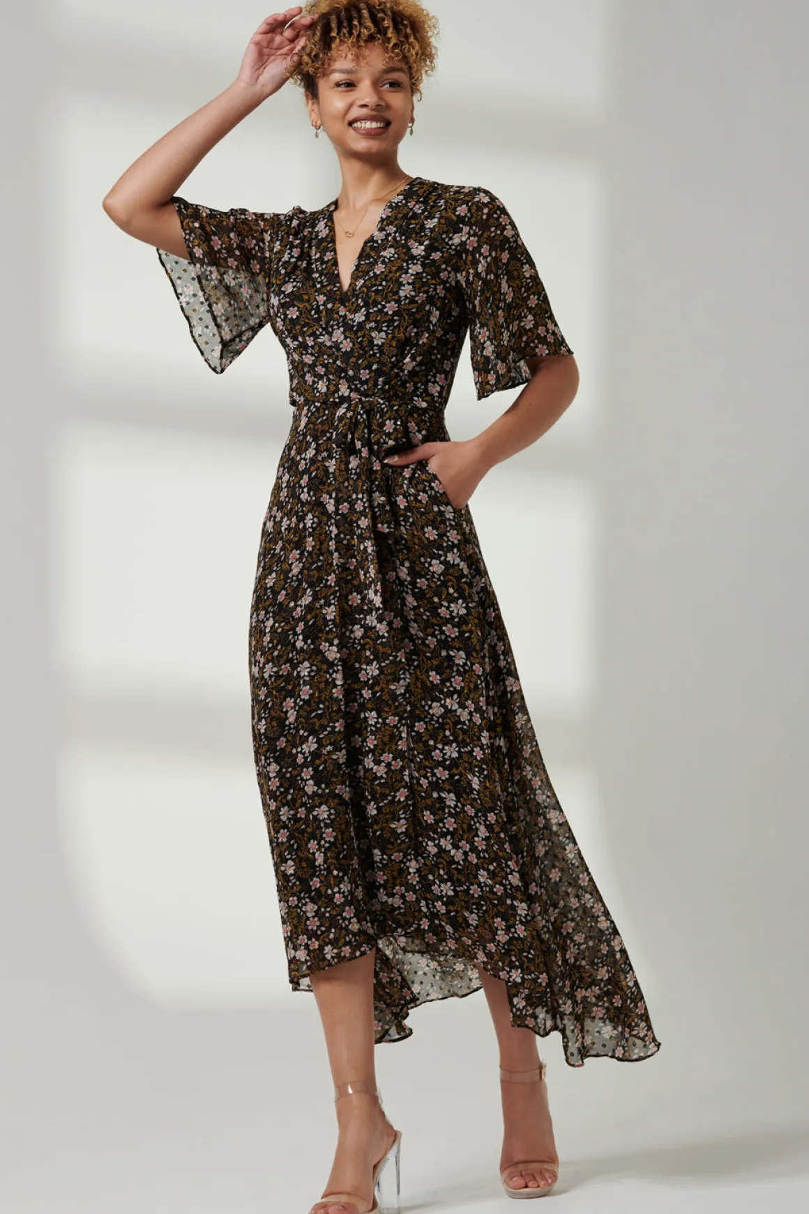Floral Front Tie Midi Dress, Black Floral