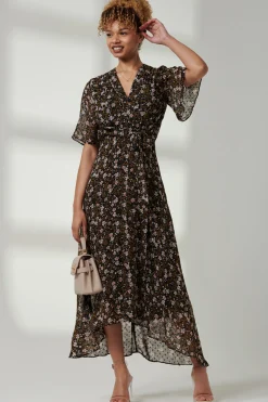 Floral Front Tie Midi Dress, Black Floral