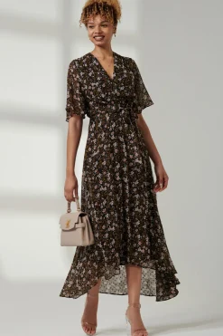 Floral Front Tie Midi Dress, Black Floral