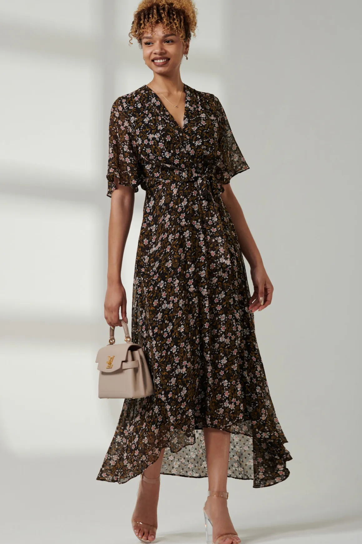 Floral Front Tie Midi Dress, Black Floral