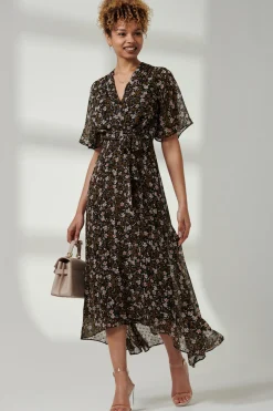 Floral Front Tie Midi Dress, Black Floral