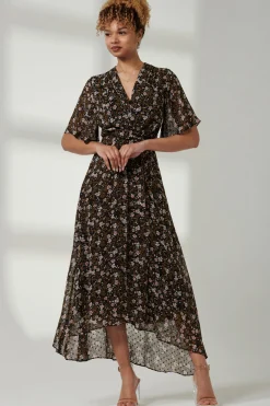 Floral Front Tie Midi Dress, Black Floral