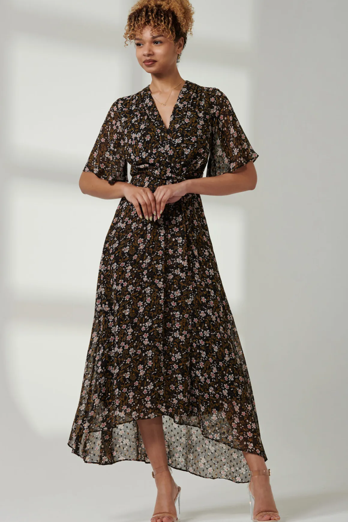 Floral Front Tie Midi Dress, Black Floral