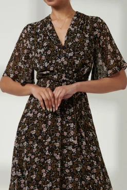 Floral Front Tie Midi Dress, Black Floral