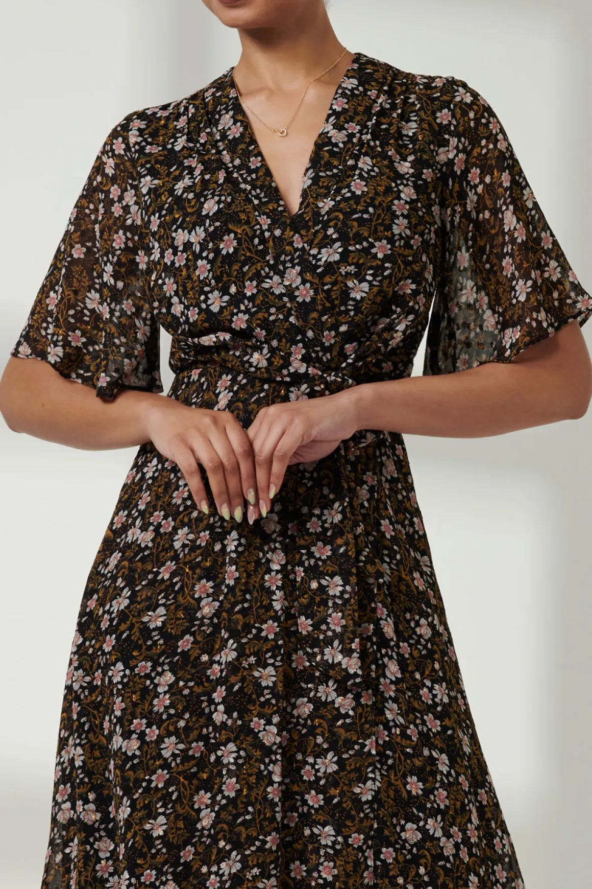 Floral Front Tie Midi Dress, Black Floral