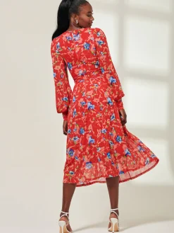 Floral Long Sleeve Mesh Midi Dress, Red Floral
