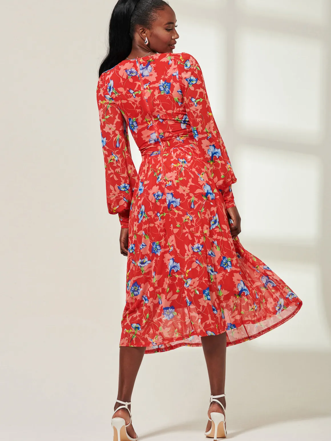 Floral Long Sleeve Mesh Midi Dress, Red Floral
