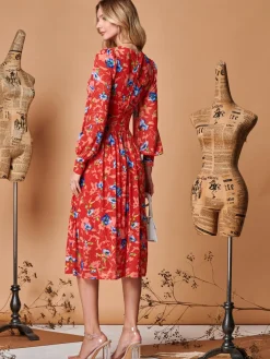 Floral Long Sleeve Mesh Midi Dress, Red Floral