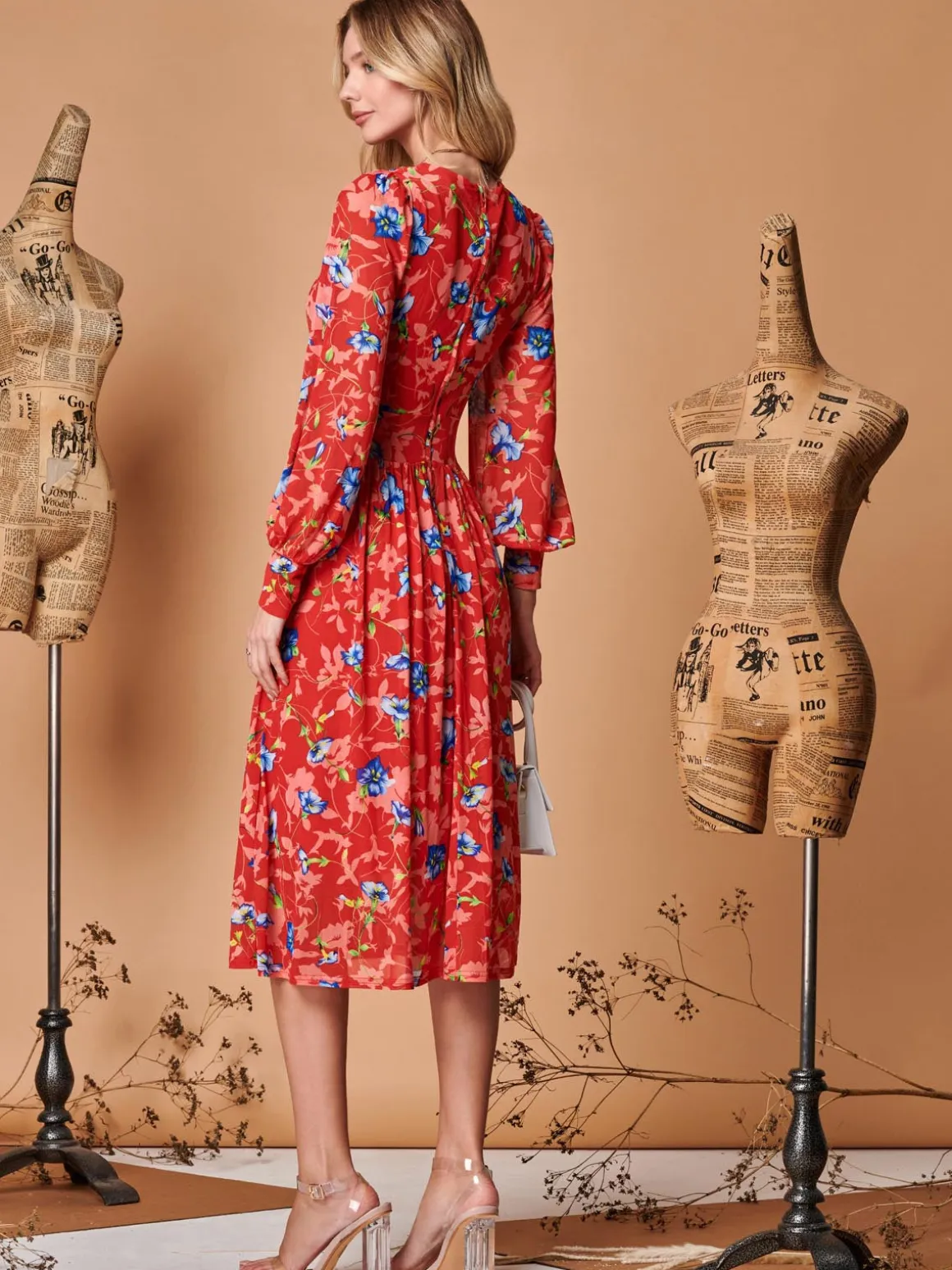 Floral Long Sleeve Mesh Midi Dress, Red Floral