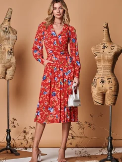 Floral Long Sleeve Mesh Midi Dress, Red Floral