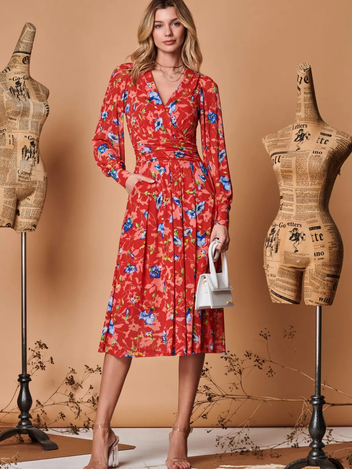 Floral Long Sleeve Mesh Midi Dress, Red Floral